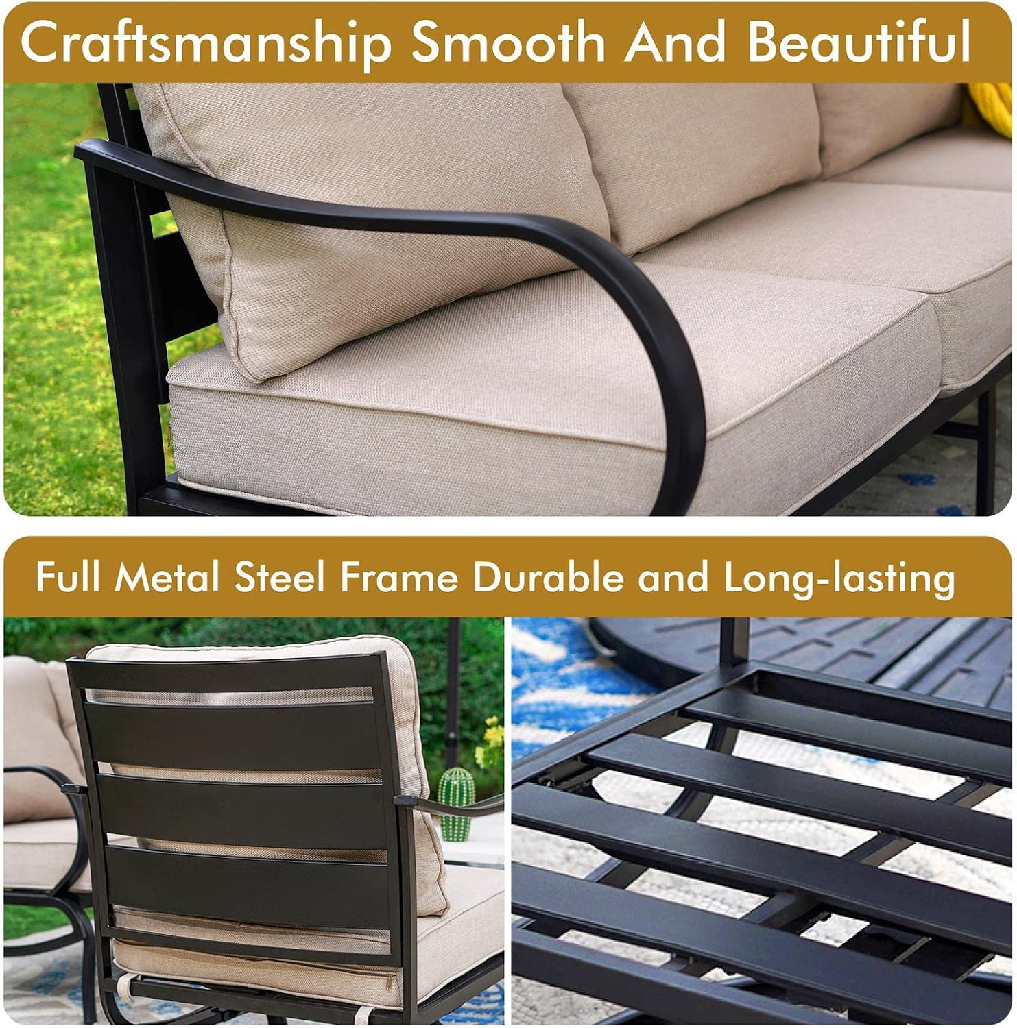 PHI VILLA Patio Furniture Chair Set for 2, Deluxe Outdoor Conversation Set with 2 Swivel Padded Sofa Chair, Full Metal with 5.8" Cushion for Deck, Lawn, Garden
