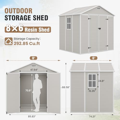 Outdoor Storage Shed, 6x6 FT Resin Shed with Floor and Lockable Door, Window, Vents, Tool Sheds and Outdoor Storage for Bike, Garden Accessories, Tools, Waterproof (Grey & White)
