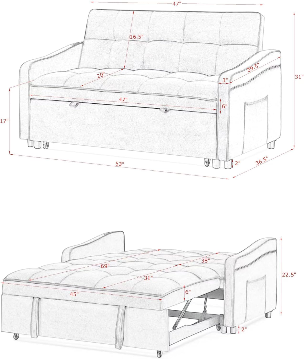 3 in 1 Convertible Sleeper Sofa Couch with Pull Out Bed,Small Futon Loveseat Lounge Chaise with Reclining Backrest and Armrest,Soft Upholstered Love Seats RV Furniture for Living Room