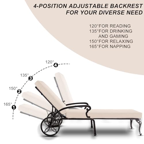 Outdoor Chaise Lounge Chairs, Set of 2 Pool Lounge Chairs Cast Aluminum Tanning Lounges with Cushion Wheels and Adjustable Reclining for Patio Outside(Beige)