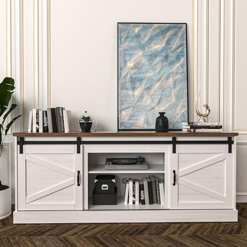 Farmhouse TV Stand with Fireplace for 70" TV, Sliding Barn Door Entertainment Center w/24 Electric Fireplace with Remote Control, TV Cabinet Storage Shelves for Living Room, White