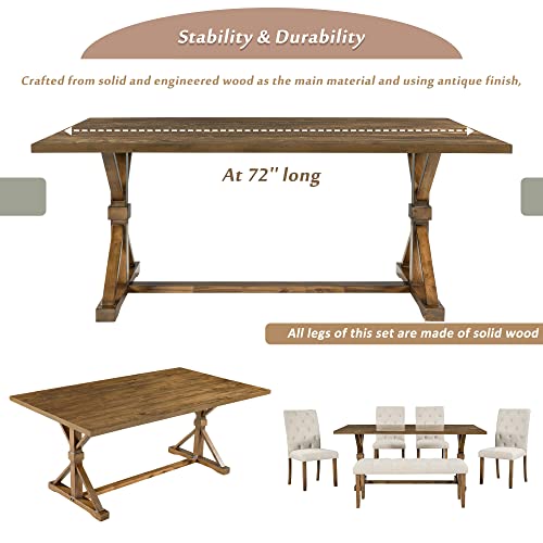 6-Piece Farmhouse Dining Table Set, 72" Wood Rectangular Table, 4 Upholstered Chairs with High Back and a Bench for Living, Guest Room, Home Bar and Kitchen (Gray)
