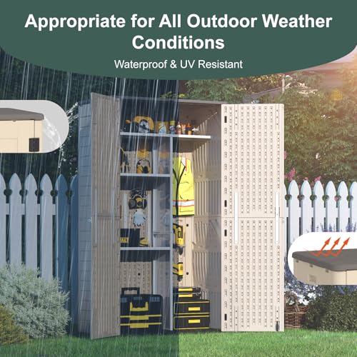 60 Cu.Ft Vertical Outdoor Storage Shed, All-Weather Resin Storage Cabinet Waterproof with Lockable Floor, Tall Backyard Shed for Patio Furniture, Garage, Garden, Pool Accessories, Porch (Khaki)