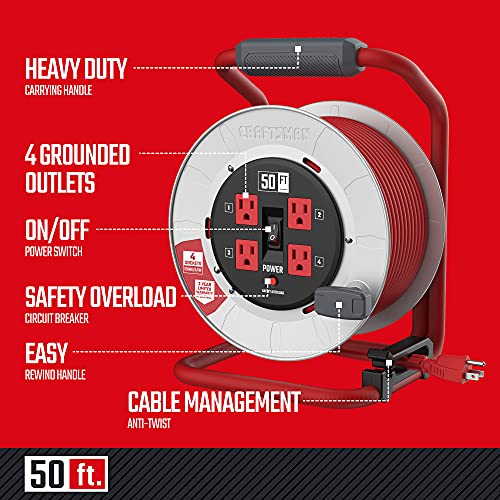 CRAFTSMAN 100 Ft. Contractor Retractable Extension Cord Reel With 4 Outlets & Heavy Duty 12AWG SJTW Cable