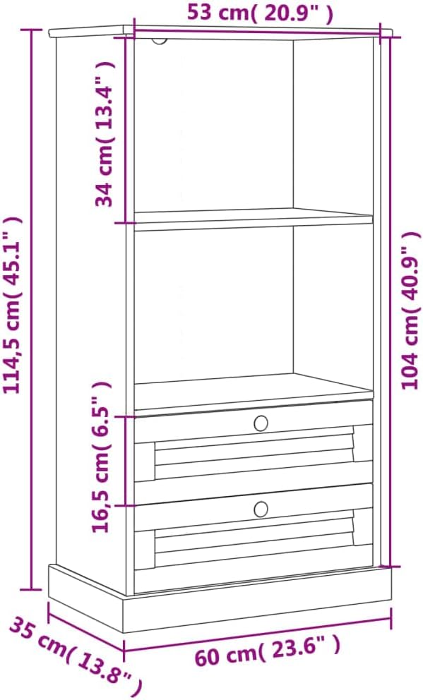 vidaXL VIGO Gray Solid Pine Wood Bookcase Storage with 2 Tier Shelves/2 Drawers - Rustic Bookshelf for Living Room/Study/Bedroom