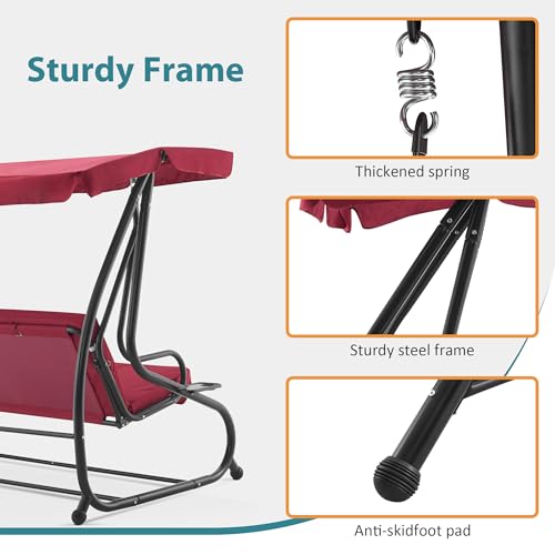 MCombo 3 Seat Patio Swing Chair, Outdoor Swing with Adjustable Canopy, Weather Resistant Steel Frame, Porch Swing Sets for Backyard, Poolside, Balcony, 4090 (Burgundy)