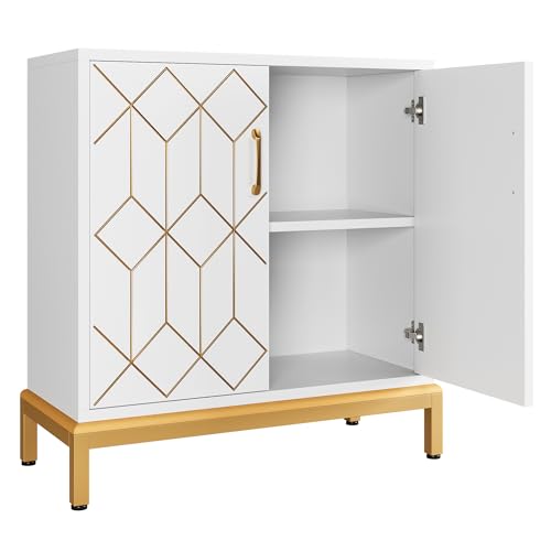 Accent Storage Cabinet with Doors, Freestanding Floor Cabinet, Sideboard Buffet Cabinet with Gold Lines, Carved Decorative Cabinets for Living Room, Kitchen, Office White with Gold Legs