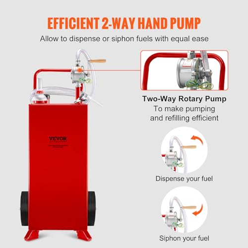 VEVOR Fuel Caddy 30 Gallon, Fuel Storage Tank with Wheels, Portable Gas Caddy with Manual Transfer Pump, Gasoline Diesel Fuel Container for Cars, Lawn Mowers, ATVs, Boats & More, Red