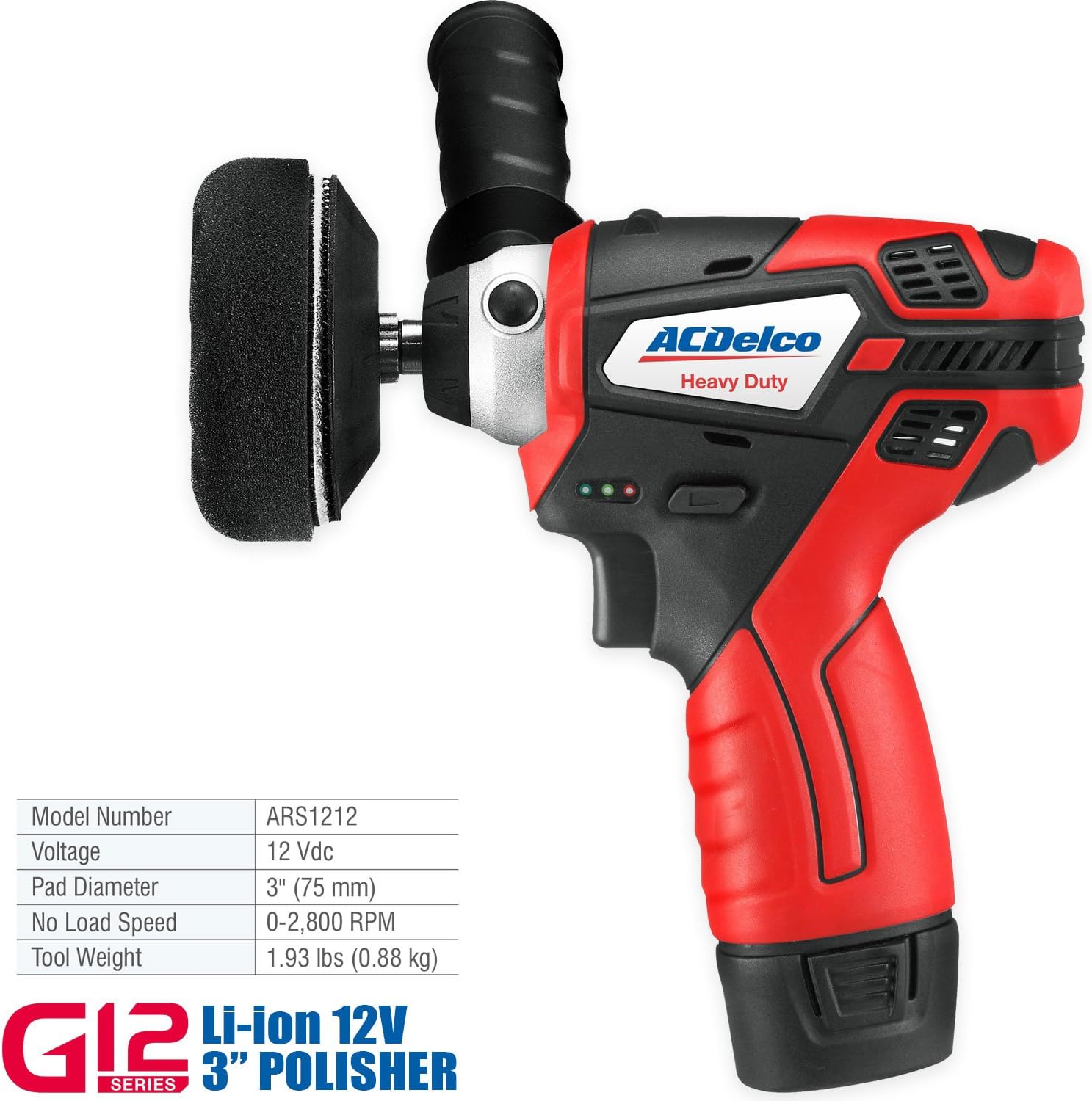 ACDelco G12 Series 12V Cordless 3" Mini Polisher Tool Set with 2 Li-ion Batteries, Charger, and Accessory Kit, ARS1212