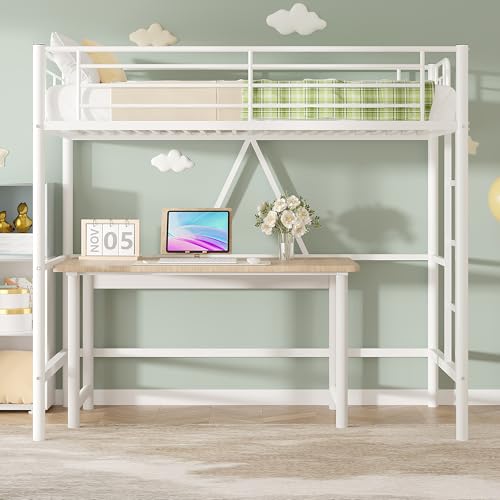 VECELO Metal Loft Bed Twin Size, Heavy Duty Bedframe with Removable Ladder and Safety Guardrail, Space-Saving, Noise Free, No Box Spring Needed, Off White