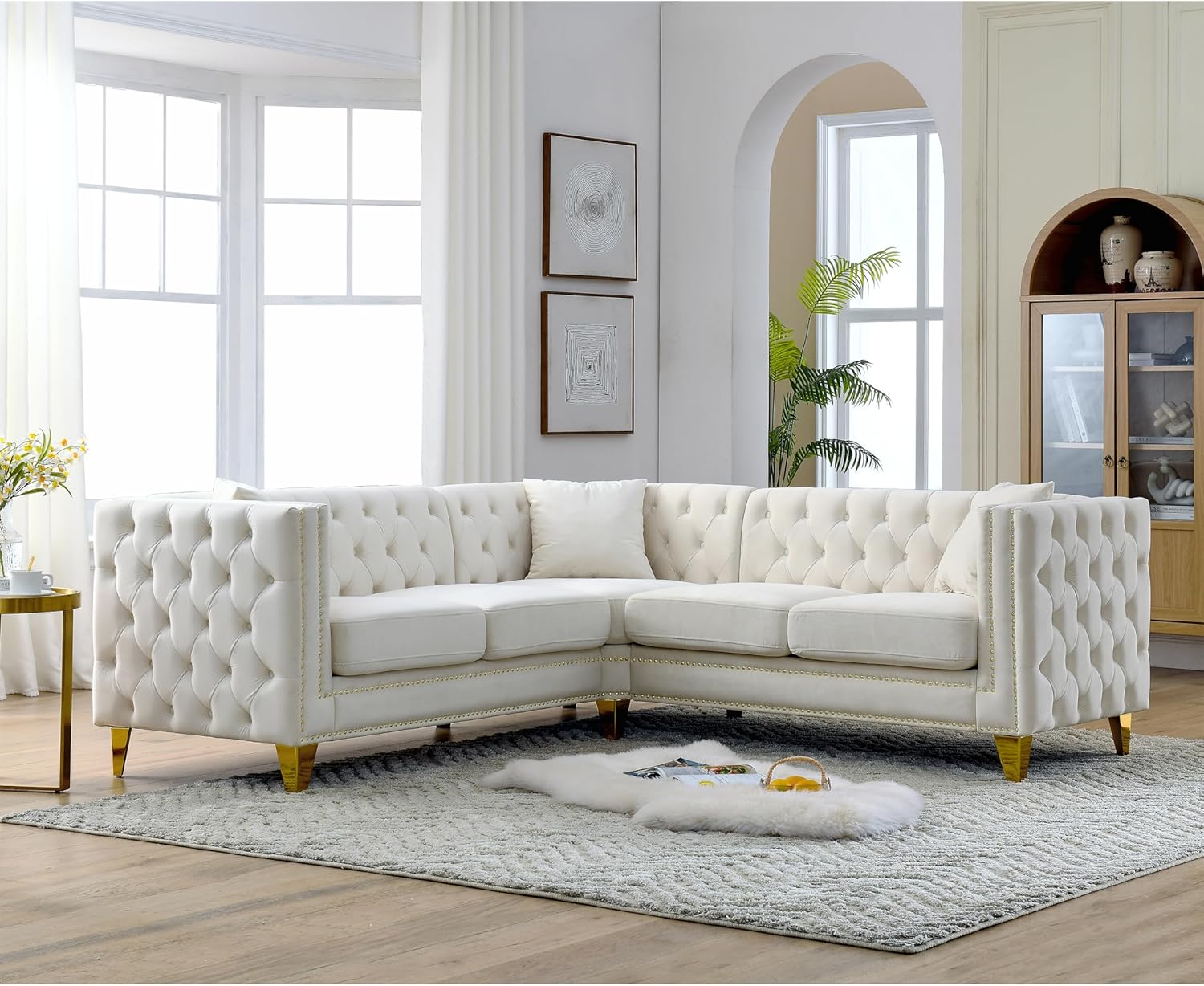 Bellemave L-Shaped Chesterfield Couch with Metal Legs and Nail Heads, Velvet Corner Sofa 5-Seater Sofas with 3 Cushions for Living Room, Bedroom, Apartment, Office(Beige)