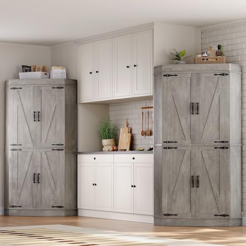 Corner Cabinet, Kitchen Pantry Cabinet, Storage Cabinet with 4 Doors and Shelves, Kitchen Cabinet, Pantry Cabinet, Tall Food Pantry Storage Cabinet Farmhouse Furniture for Kitchen Dining Room, Grey