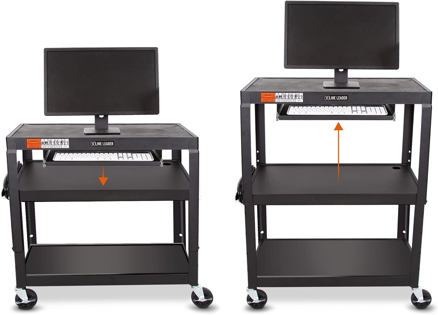 Line Leader Large AV Cart with Retractable Keyboard Tray | Height Adjustable Utility Cart | Includes Pullout Keyboard Tray & Cord Management | Easy Assembly (34in x 18in x 42in / Black)