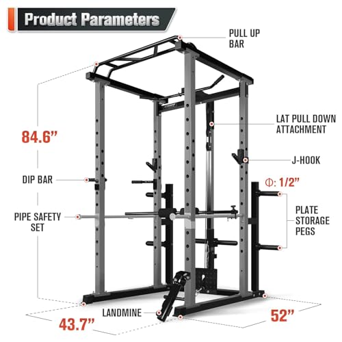 RitFit Power Cage with Optional LAT PullDown/Cable Crossover/Smith Machine System, 1000LB Squat Rack for Home & Garage Gym, with Weight Storage Rack and More Training Attachments, ASTM-Certified