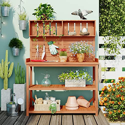 Outdoor Wooden Potting Bench Table – Farmhouse Garden Workstation with Drawers, Cabinet & Storage Shelves, Large Fir Wood Work Table for Patio, Backyard, Mudroom, Greenhouse (Light Brown, 66''H)