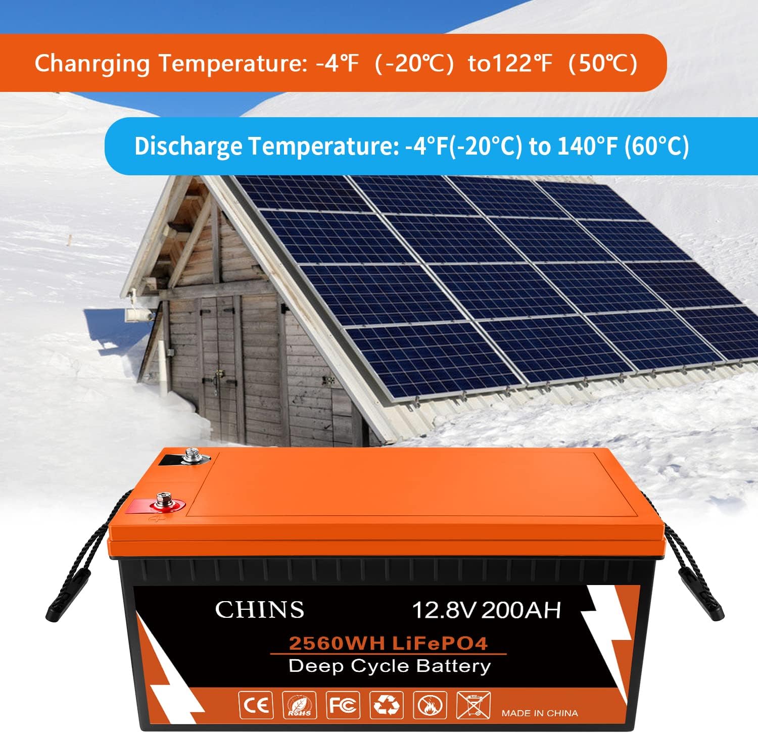 CHINS LiFePO4 Battery 12V 300Ah Lithium Battery - Built-in 200A BMS, Perfect for Replacing Most of Backup Power, Home Energy Storage and Off-Grid etc.