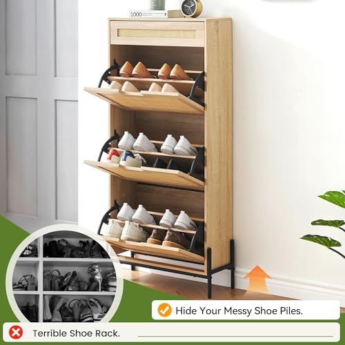 Stylish Rattan Shoe Storage Cabinet with 3 Flip Doors, 1 Drawer, and Adjustable 3-Tier Shelves - Perfect for Entryway, Hallway, Living Room, and Bedroom (Oak Color, Space-Saving Design)