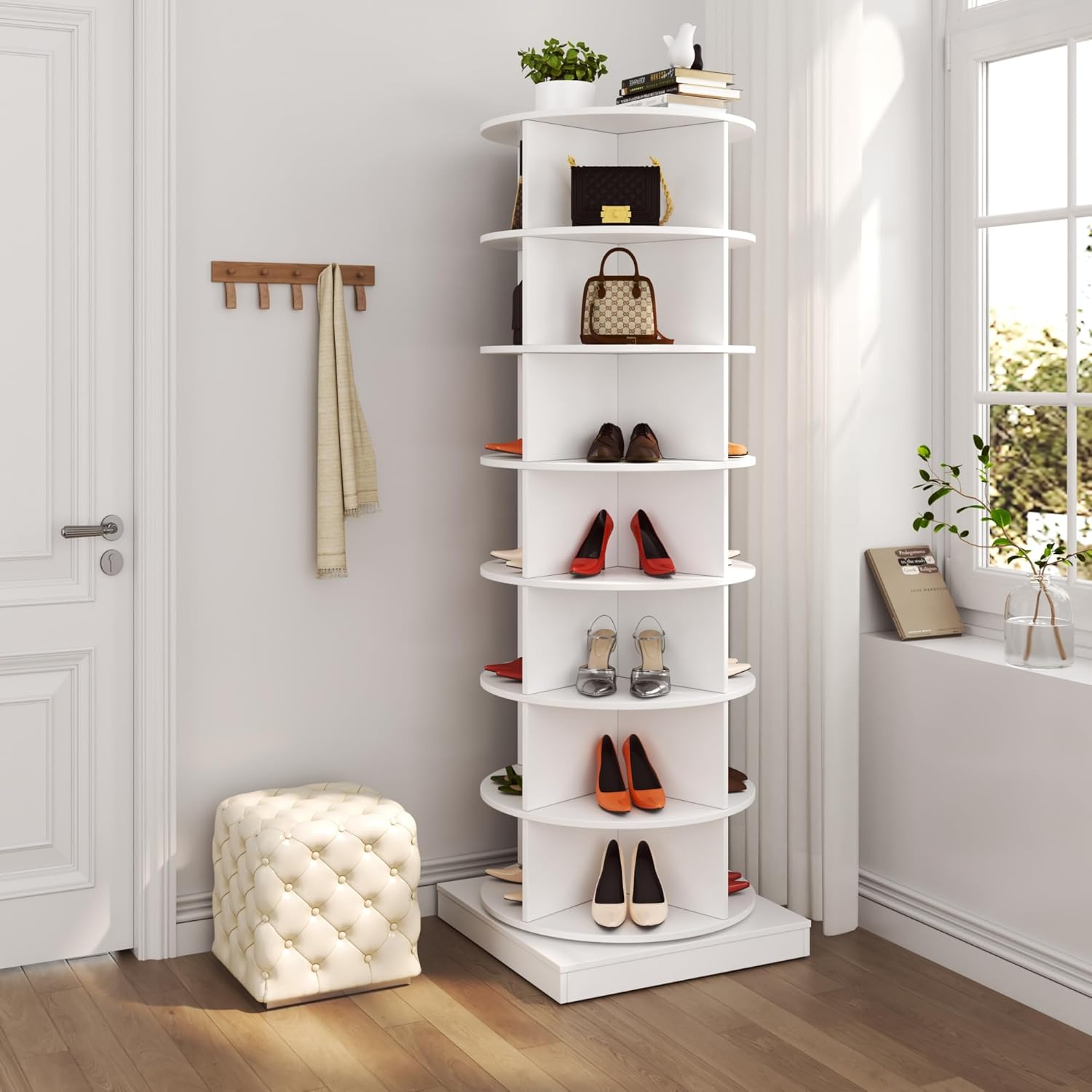 Vibe & Dine Rotating Shoe Rack, 7-Tier Tall Spinning Shoe Rack, Free Standing Rotating Shoe Rack Tower 360°, Revolving Shoe Shelf Organizer for Entryway, Small Space