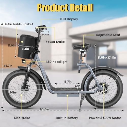 Caroma Peak 800w Electric Scooter Adults 20"X3" Fat Tire, 20 MPH Top Speed & 30 Miles Range, Off-Road E Scooter w/Adjustable Seat & Detachable Basket, Foldable Ebike w/Shock Absorption for Commuting