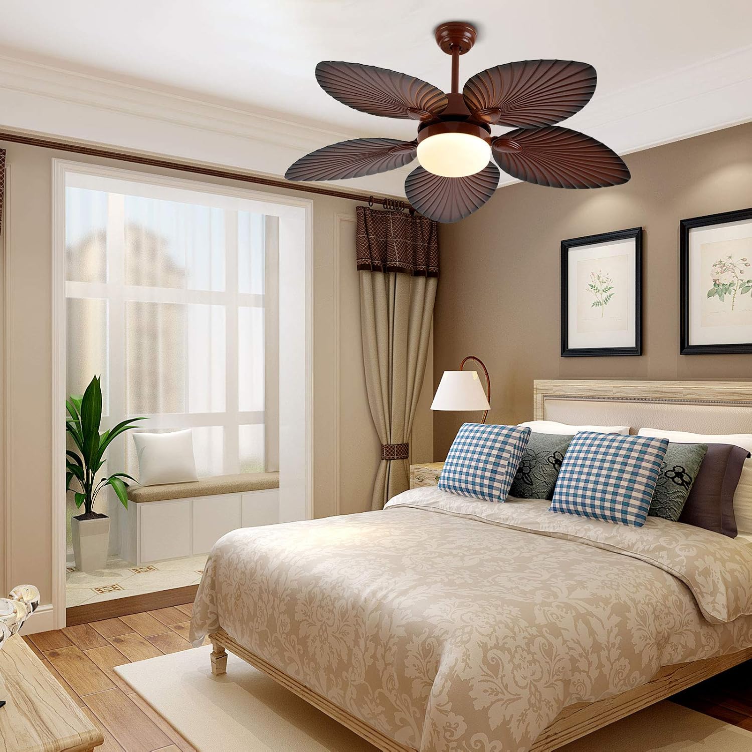 Tropical Ceiling Fans with LED Light 52 Inch Palm Leaf Fanlight 5 ABS Palm Blades 3-Speed&3 Color Changes Chandelier Lighting Fixture w/Remote for Bedroom Restaurant Kitchen Bedroom Living Room