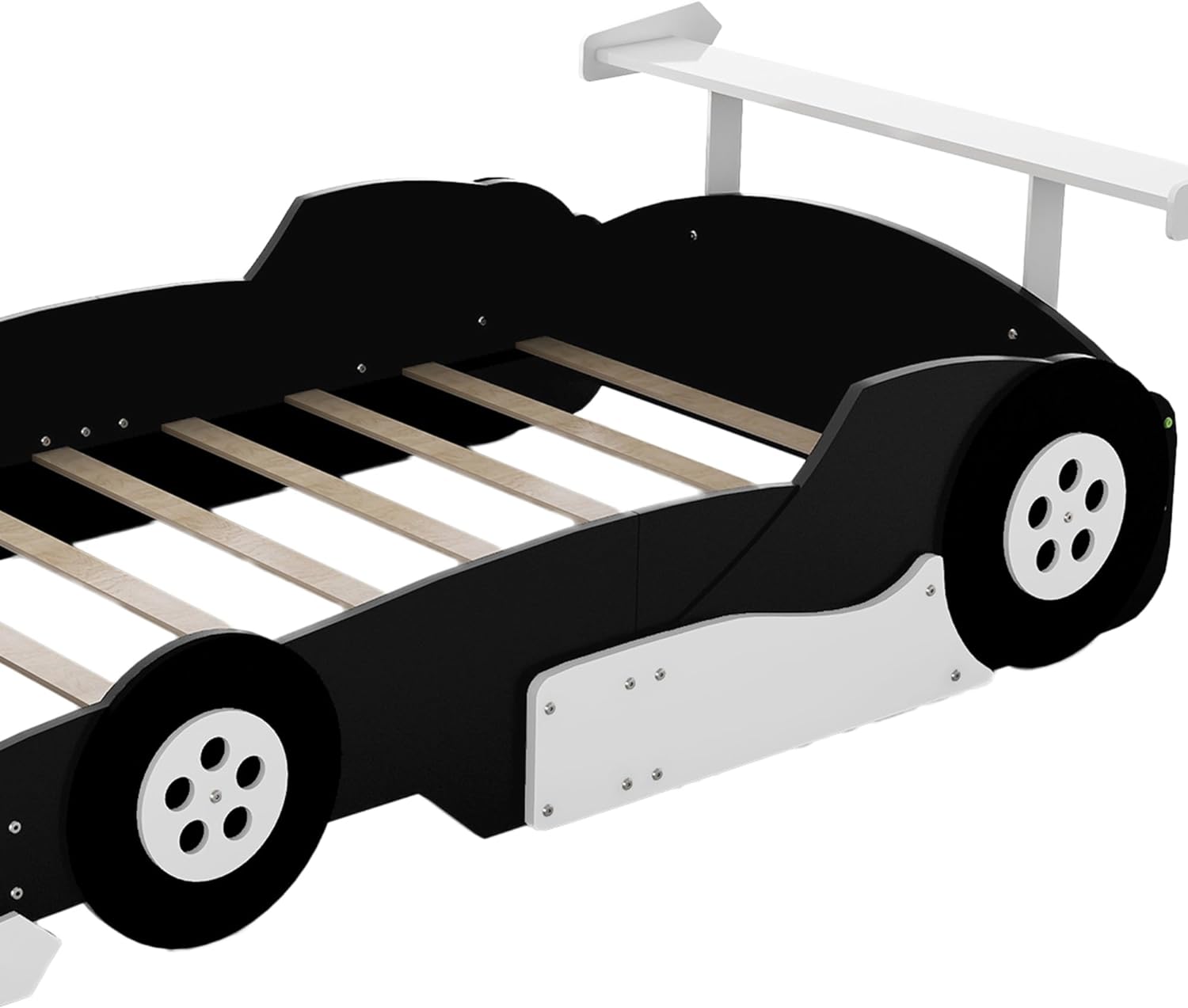 Full Size Race Car Bed With Wheels, Wood Full Size Bed For Kids, Car-Shaped Platform Full Bed With Storage Shelves For Kids,Tees, Boys Girls (Black)