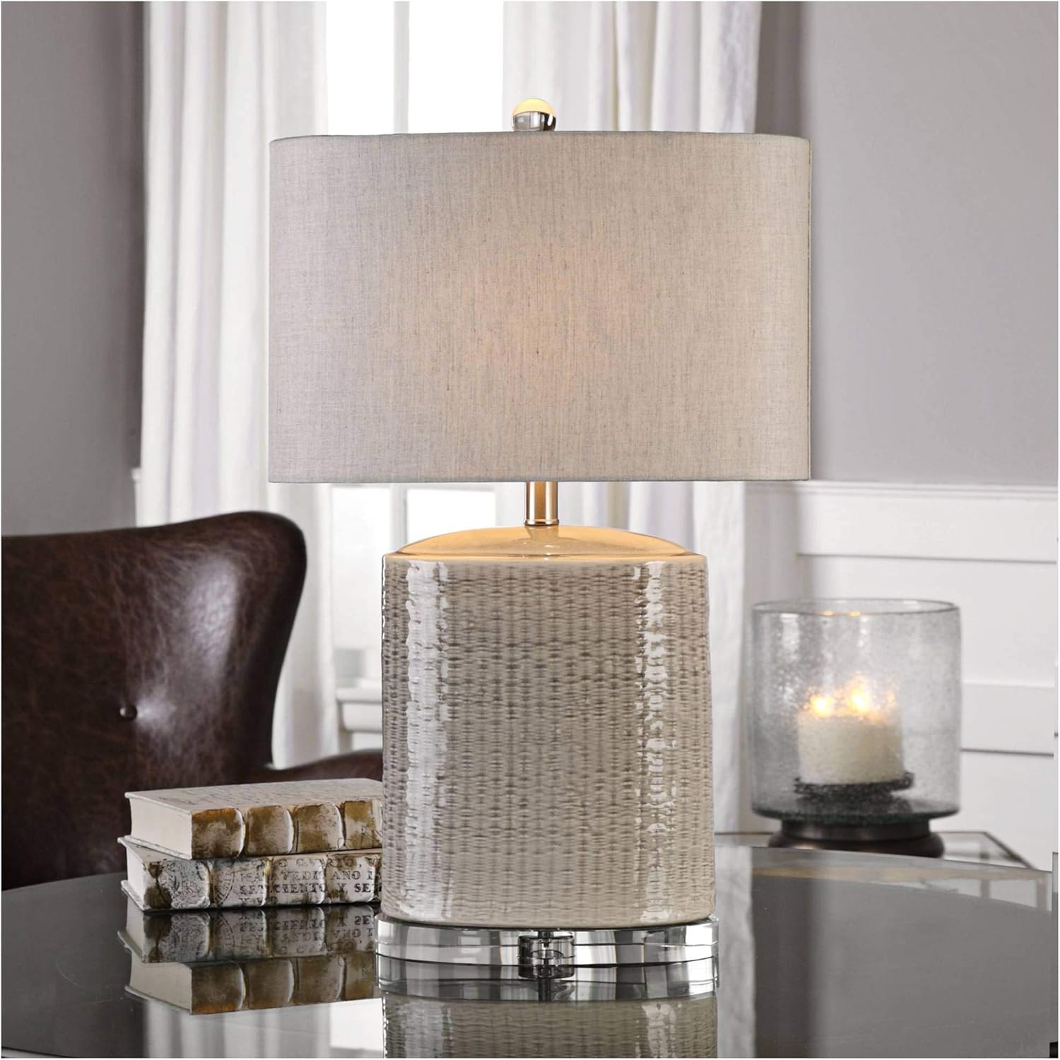Uttermost Modica Taupe Ceramic Textured Oval Table Lamp