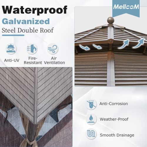 MELLCOM 12'x16' Hardtop Gazebo, Galvanized Steel Metal Double Roof Canopy with Curtains and Netting, Brown Permanent Pavilion Gazebos with Aluminum Frame for Garden, Patio, Lawns, Deck
