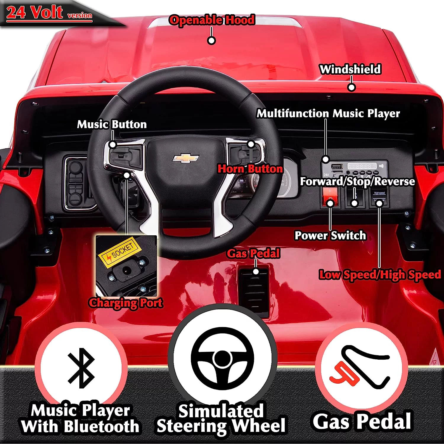 NEWWARE 24V Kids Ride on Car,Licensed Silverado HD 2 Seater Electric Car for Boys Girls,Kids 24V 2 Seater Ride On Car with Remote Control,24V Ride on Truck,Music,ABC,Electric Vehicle,Red