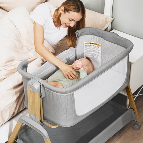 3 in 1 Baby Bassinet, Rocking Bassinets with Comfy Mattress and Wheels, Adjustable Height Bassinet Bedside Sleeper, Easy Folding Portable Crib for Newborn (Navy Blue)