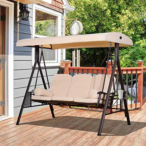 Outsunny 3-Seat Patio Swing Chair, Outdoor Porch Swing Glider with Adjustable Canopy, Removable Cushion, Pillows and Side Trays, for Garden, Poolside, Backyard, Brown