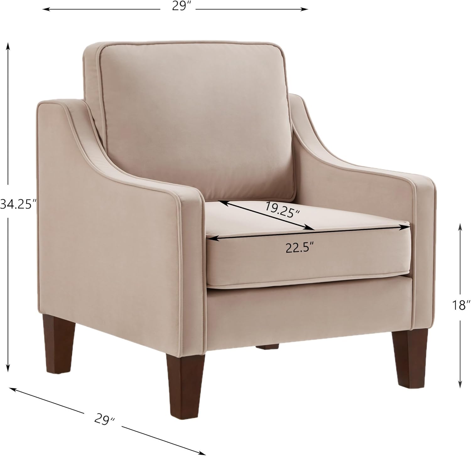 29" Modern Upholstered Velvet Accent Chair, Comfy Reading Armchair with Scooped Armrest, Living Single Seat Sofa with Wooden Legs for Bedroom,Apartment,Studio,Office,Waiting Room (Taupe)