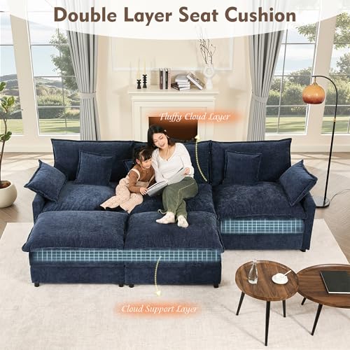 108" U Shaped Couch, Modular Sectional Sofa, 3-Seater Comfy Cloud Couch with Movable Ottoman, Deep Seat Couches for Living Room, Chenille, Black