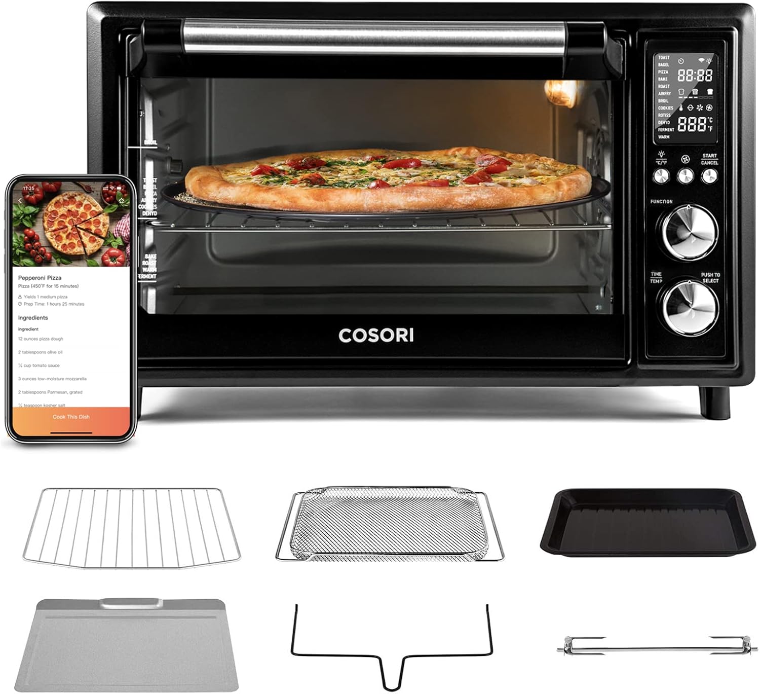 COSORI Air Fryer Toaster Oven Combo 12 Functions Smart 30L Large Countertop Dehydrator Christmas gift, 13" pizza, 100 Recipes & 6 Accessories Included, Work with Alexa CS130-AO, WIFI-Black