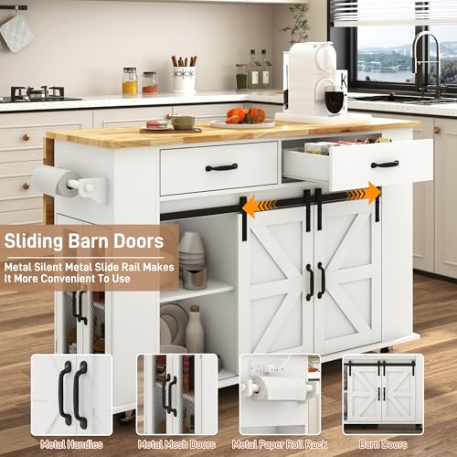 59" Kitchen Island W/Power Outlet&Drop Leaf,Kitchen Rolling Island W/Spice Rack&Towel Rack&Drawers,Kitchen Island Cart W/Sliding Barn Door,Mobile Island Table W/Adjustable Shelves for Dining Room