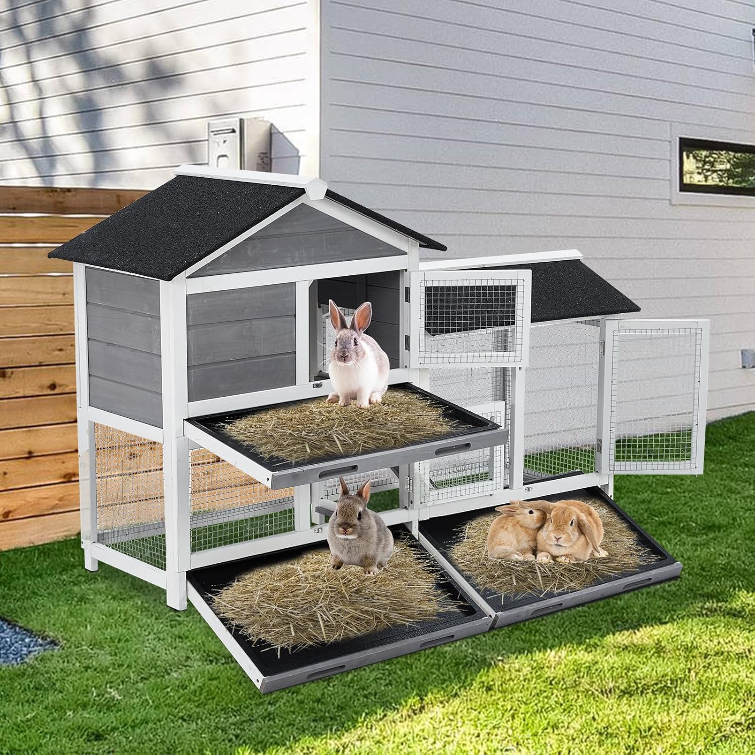 Gravee Two Floors 62" Wooden Outdoor Indoor Roof Waterproof Bunny Hutch Rabbit Cage Guinea Pig Coop PET House for Small to Medium Animals with Stairs and Cleaning Tray PET537