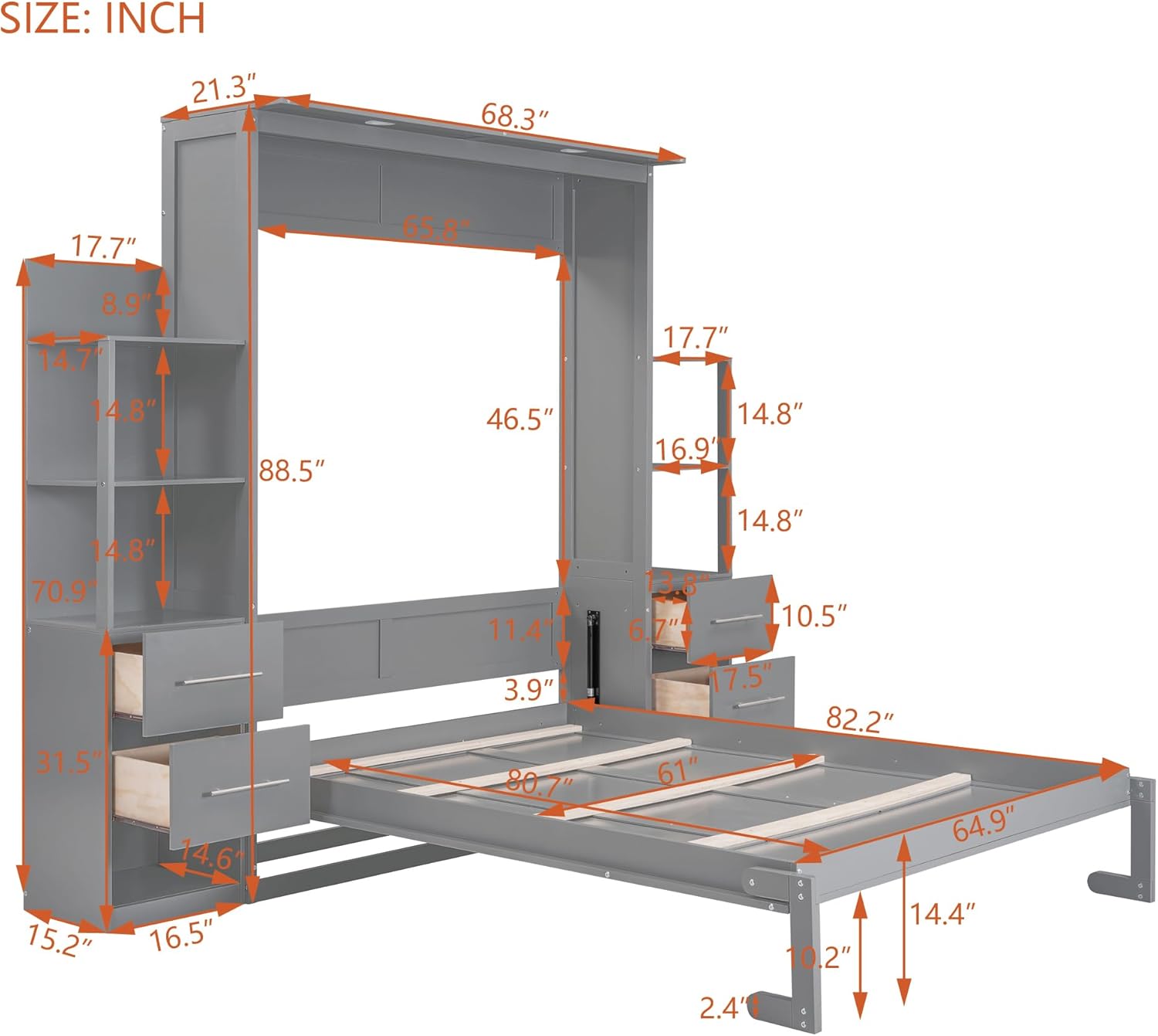 yoptote Queen Size Murphy Bed with Both Side Double Drawers and 2 Four-Layers Open Storage Shelves, Bedframe w/LED Lights & Silver Handle, Can Be Folded into A Cabinet, Space-Saving Design, Grey
