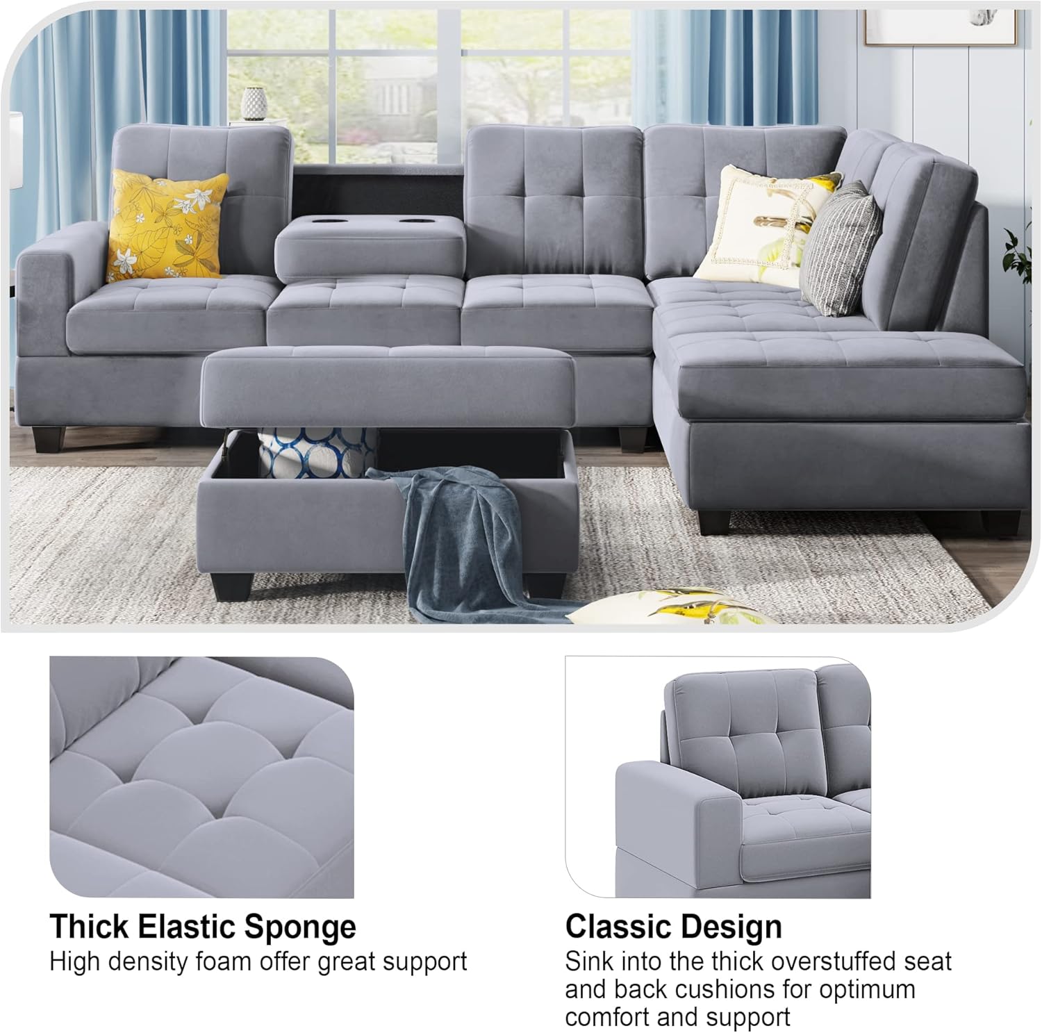 Linen Upholstered Sofa Set with Reversible Sectional Chaise, L Shaped Couch Foldable with 2 Cup Holders, Ottoman with Storage, for Living Room, Guest Room, Home Theater, Office, Light Gray