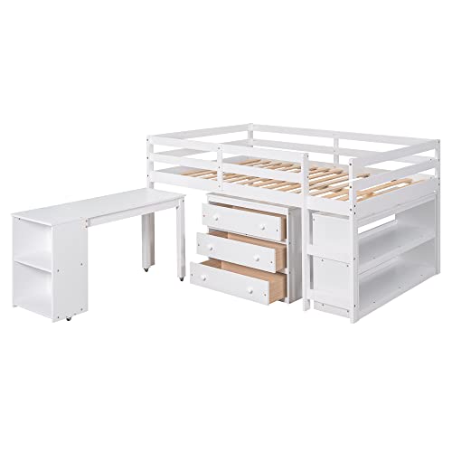 Maximized Space Functional Low Study Loft Bed with Desk, Cabinet, Bookshelf, and Rolling Portable Desk – High-Grade Pinewood Frame with Full-Length Guardrail for Enhanced Safety (White,Full)