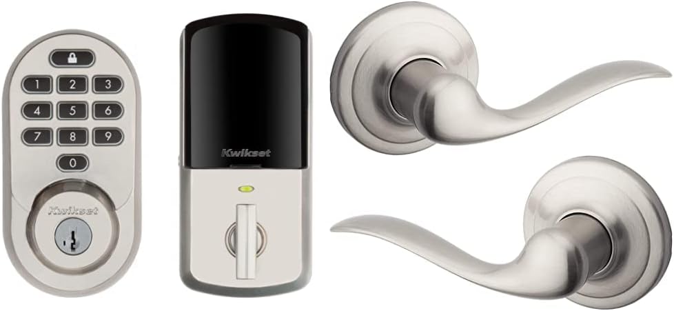 Kwikset 99380-001 Halo Wi-Fi Smart Lock, Satin Nickel & 98150-002 Avalon Exterior Handle Only with Tustin Right Left-Handed Levers in, Satin Nickel