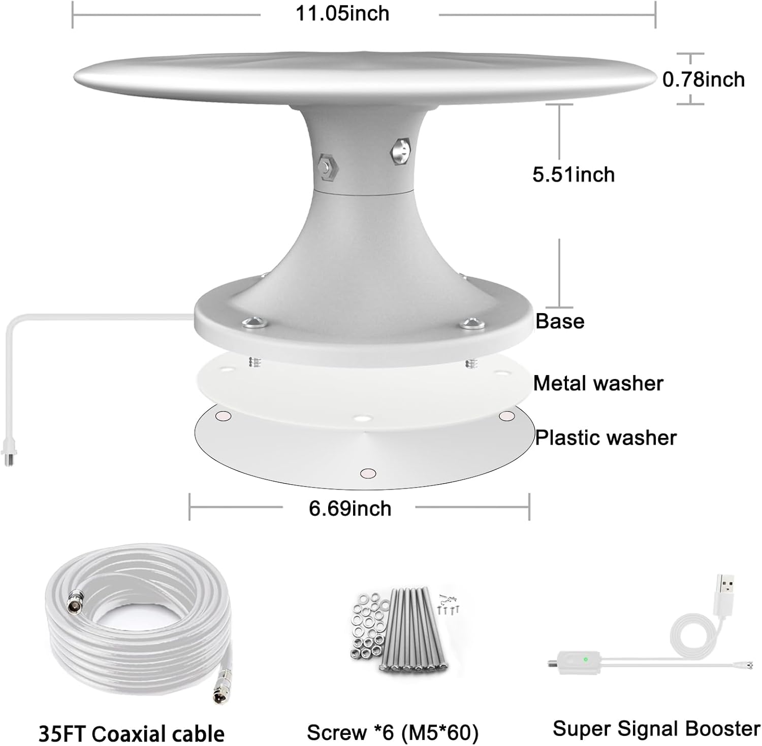 RV TV Antenna for Smart TV Outdoor, 720° Long Range Omni Directional Reception Digital HD Antenna Signal, with Super Signal Booster, 35ft HDTV Cable, for RV/Camping/Attic/Truck/Boat. (White)