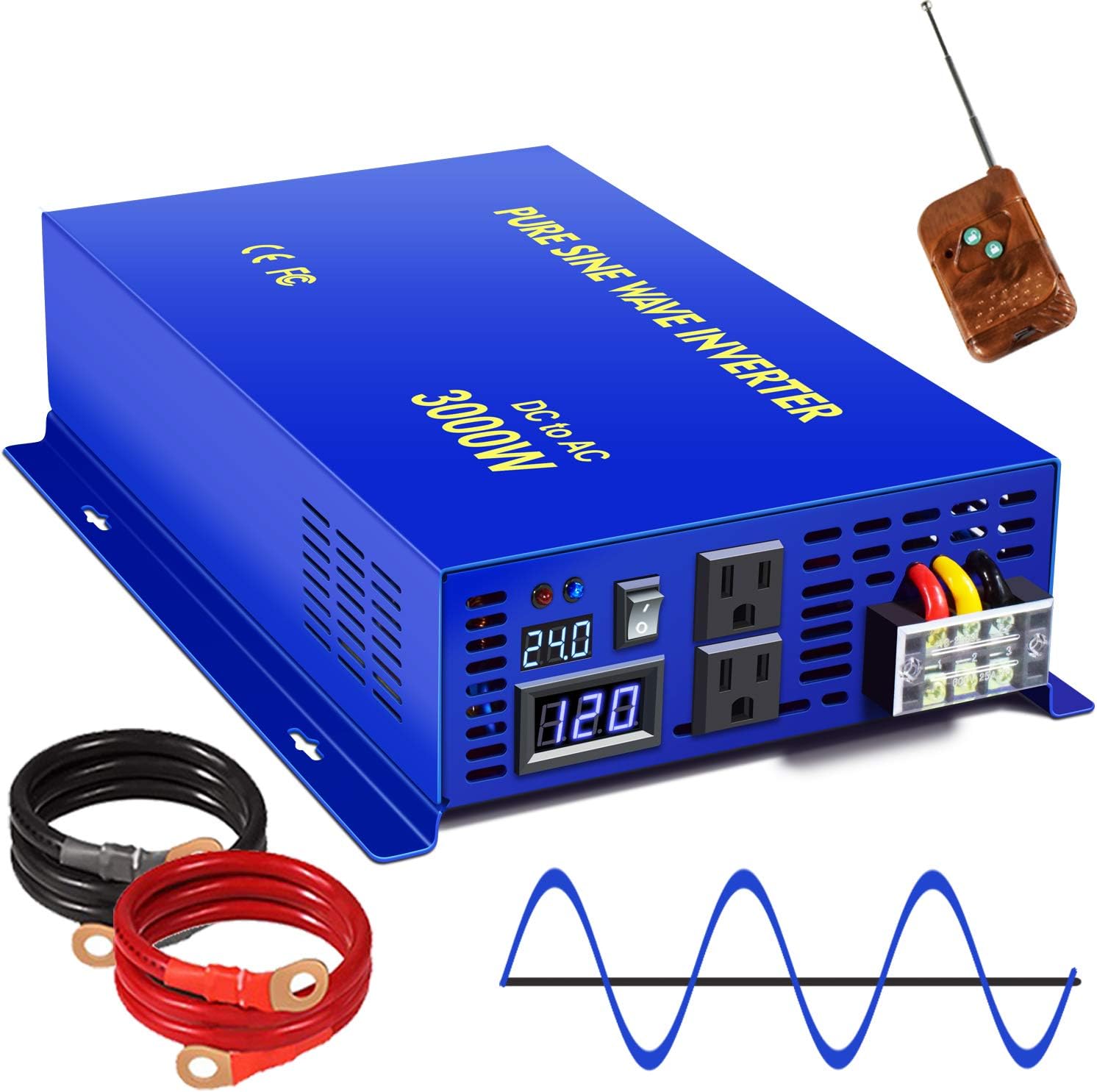 XYZ INVT 2500W Pure Sine Wave Inverter 24v to 110V 120V AC with Wireless Remote Switch, 5000 watt Surge, Power Inverter for Truck, RV Car Camping, Solar System, Grid Off.