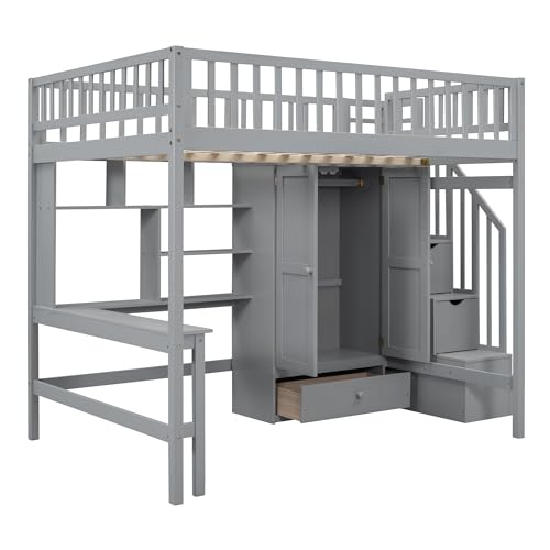 Full Size Loft Bed with Wardrobe Desk Storage Stairs, Wood Loft Bed Frame with Bookcase and Drawers, High Loft Bedframe for Kids Teens Adults, No Box Spring Needed, Espresso