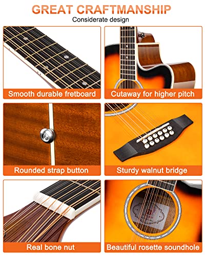 Vangoa 12 String Guitar, Twelve String Guitar Acoustic Electric Cutaway Guitarr Bundle for Beginner Adults, Teens, Spruce Top, Bone Nut, Upgraded Starter Kit, Black Matte