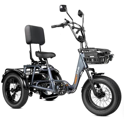 Folding Electric Tricycle for Adults, 1200W Electric Trike, 22MPH 100Miles 3 Wheel Electric Bike, Reverse Gear, Rear Differential, 450lbs Load, F&R Baskets, 4'' Wide Fat Tire, UL Certified