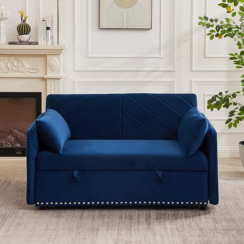 3-in-1 Versatile Velvet Sofa, Convertible Sleeper Sofa Bed with Pullout Bed, Comfy Loveseat with 2 Lumbar Pillows and Side Pocket, for Living Room Bedroom (Green)
