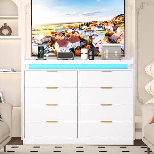 White Dresser with LED Lights, Wooden LED Dresser, 4 Drawer Chest with Charging Station, Tall Chest of Drawer Closet Organizer for Bedroom, Living Room, Entryway, Hallway