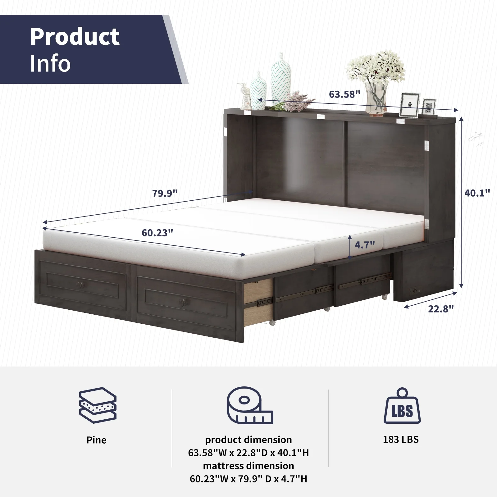 ijuicy Queen Size Murphy Bed Cabinet with Built-in Charging Station and Storage Drawer, Solid Wood Cabinet Bed Queen Size with Mattress, Murphy Cube Chest Bed for Guest Room, Home, Office- Grey