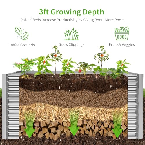 Land Guard 8x4x3ft Rectangular Galvanized Raised Garden Beds, 36" Tall Large-Capacity Metal Planter Box Outdoor, Durable Deep Raised Garden Bed, Raised Beds for Gardening Vegetables, Classic Silver