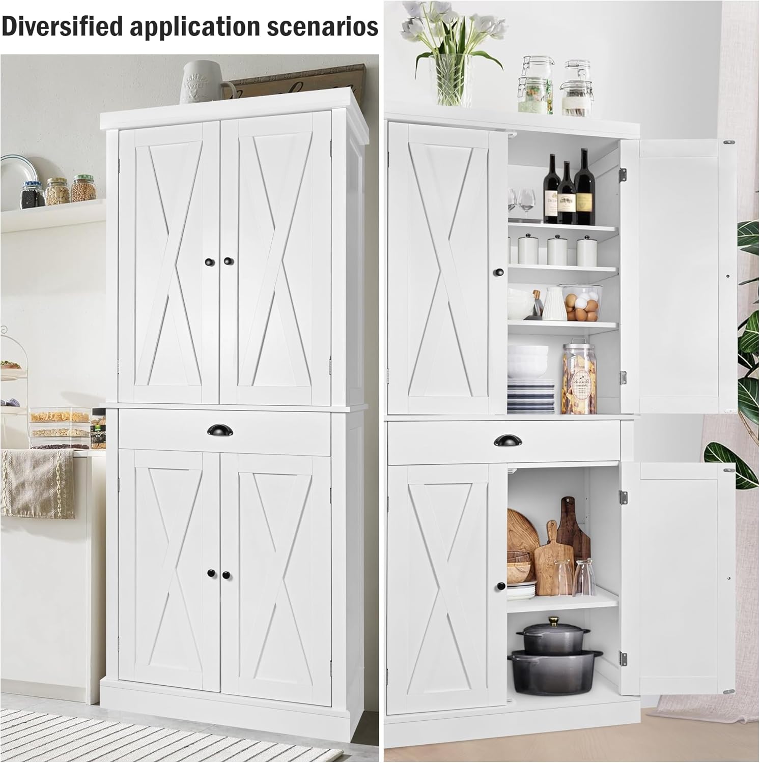 SULIVES Kitchen Pantry Storage Cabinets,Storage Cabinets with 4 Doors and 6 Shelves,73" Tall Food Pantry Cabinets for Kitchen Storage,Versatile Kitchen Hutch Cabinet with Storage,White