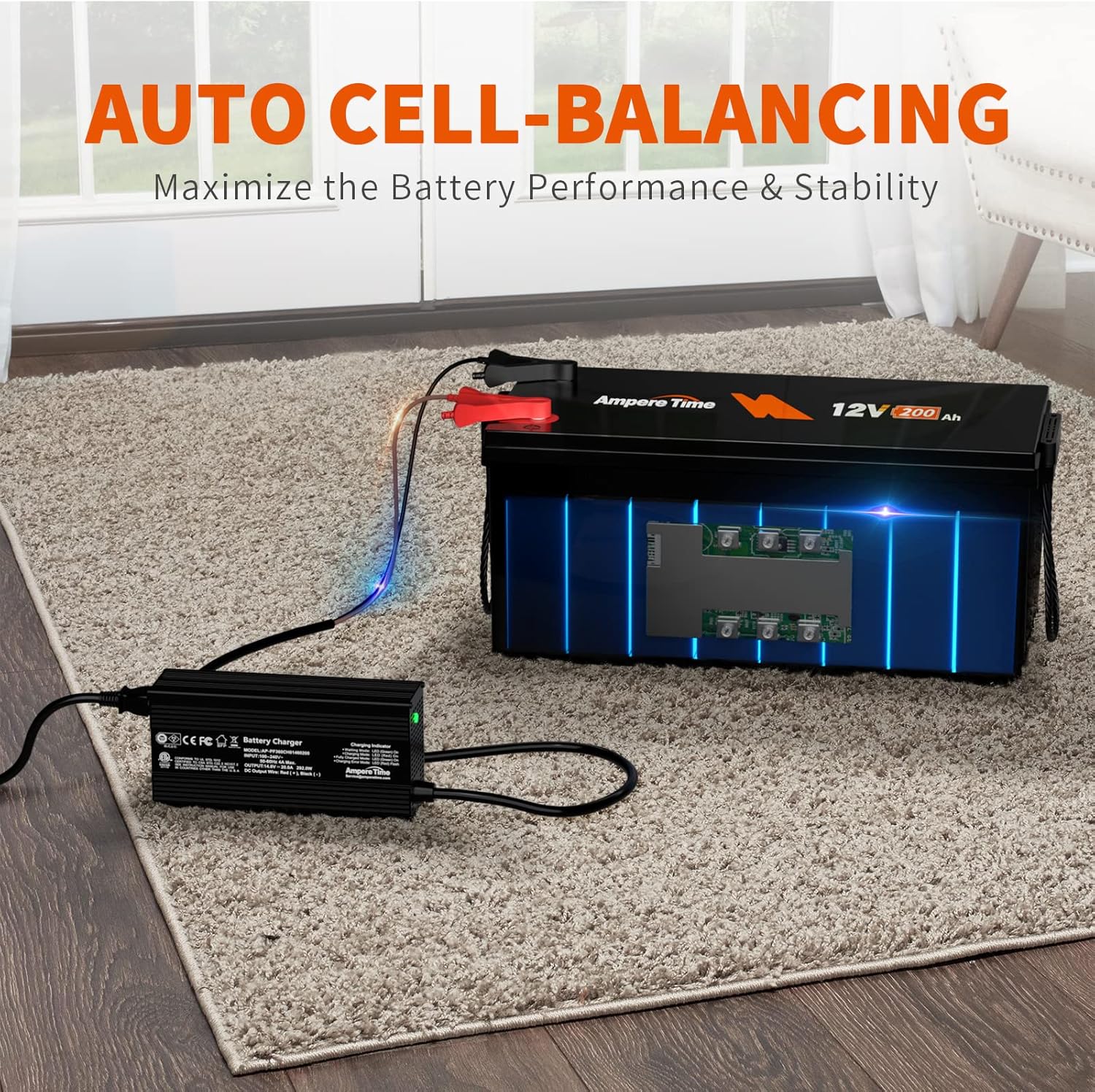 Ampere Time 12V 200Ah LiFePO4 Battery with 14.6V 20A Dedicated Lithium Battery Charger; Built-in 200A BMS, 4000+ Cycles, Perfect for RV, Solar, Marine, Overland, Off-Grid Application��